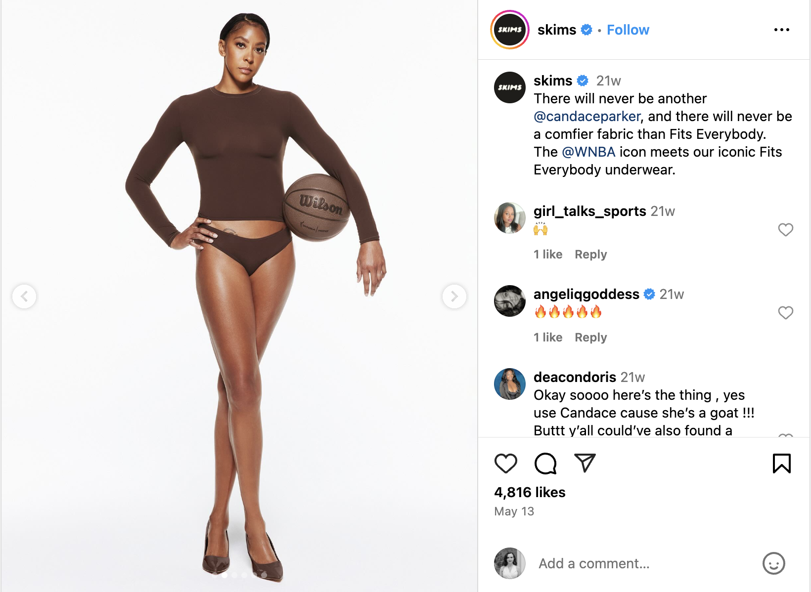An Instagram carousel from SKIMS featuring Candace Parker wearing their products